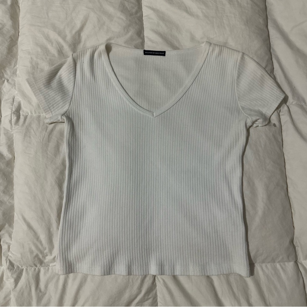 Brandy Melville White Ribbed V-Neck T-Shirt
